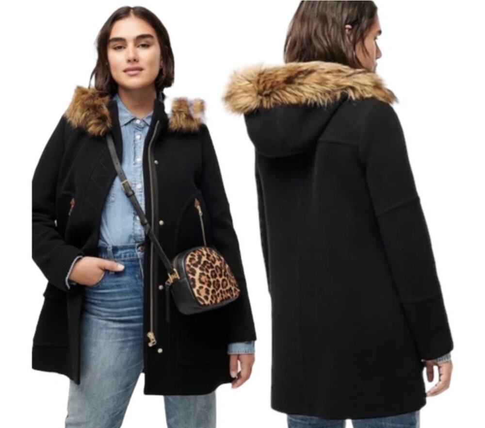 J Crew Womens Chateau Parka Italian Stadium Cloth Wool Faux Fur 12P Black